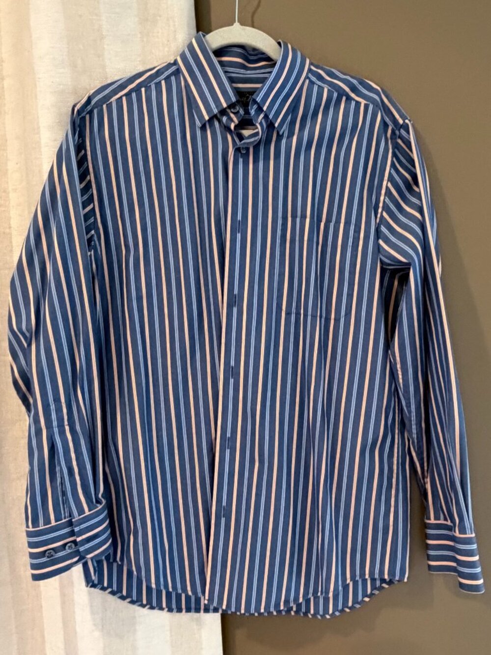 Kenneth Roberts Platinum Blue & Orange Stripe Button Up Dress Shirt, Size Medium